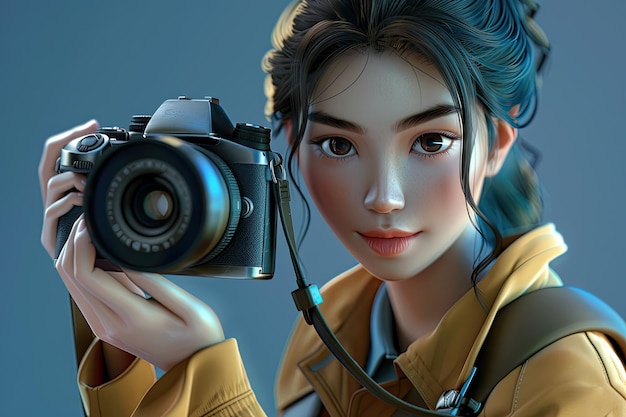 3D illustration of a female photographer holding a camera in her hand