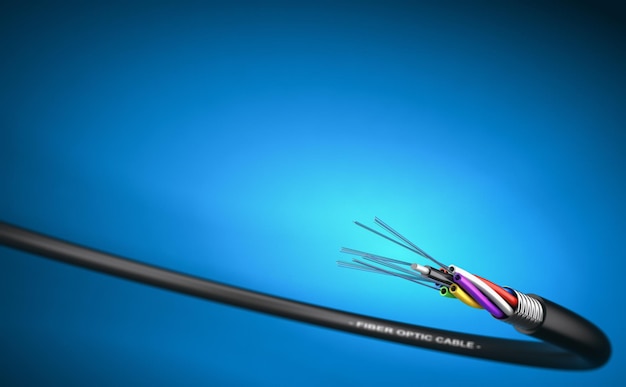 3D illustration of a fiber optic cable over blue background with copy space on the top