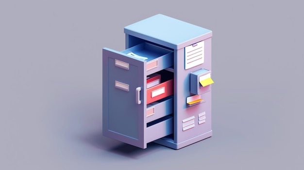 3D illustration of a file cabinet with a drawer open and a sticky note