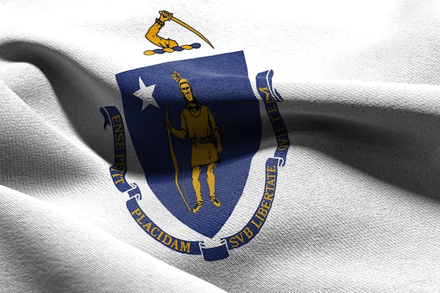 3D illustration flag of Massachusetts is a state of United States Waving on the wind