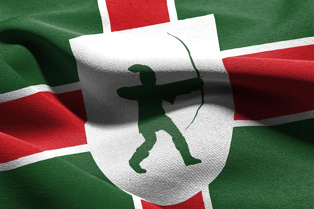 3D illustration flag of Nottinghamshire is a region of England Waving on the wind