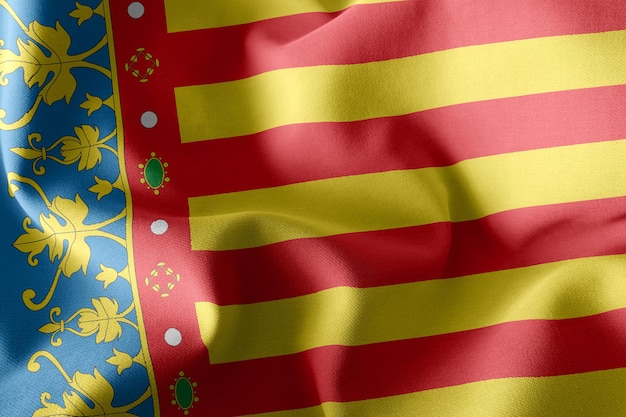 3D illustration flag of Valencian Community is a region of Spain Waving on the wind flag textile background