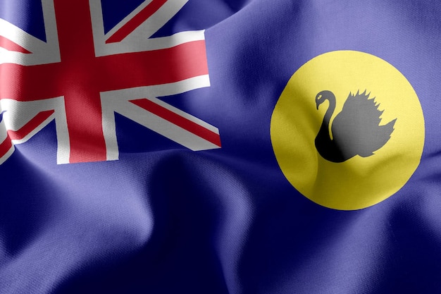 3D illustration flag of Western Australia is a region of Australia. Waving on the wind flag textile background