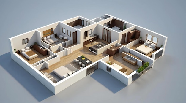 3D illustration floor plan of a house modern cozy house isolated on white background