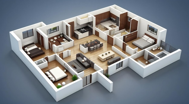 3D illustration floor plan of a house modern cozy house isolated on white background