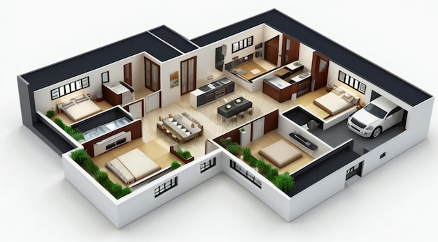 3D illustration floor plan of a house modern cozy house isolated on white background