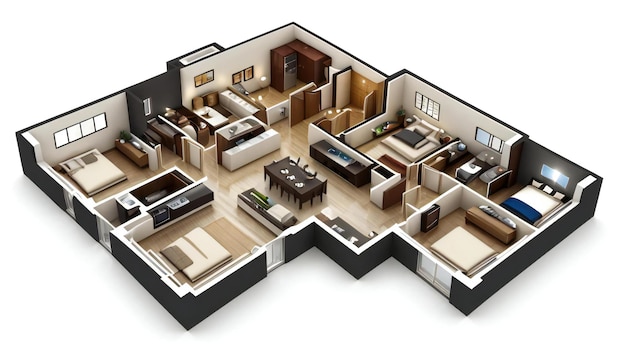 3D illustration floor plan of a house modern cozy house isolated on white background