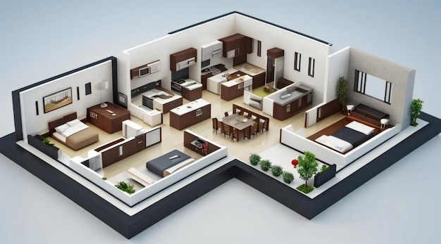 3D illustration floor plan of a house modern cozy house isolated on white background