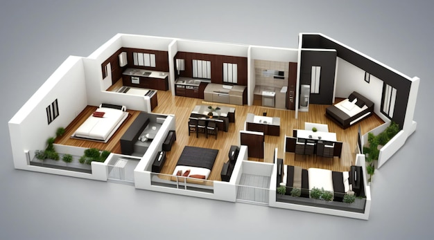 3D illustration floor plan of a house modern cozy house isolated on white background