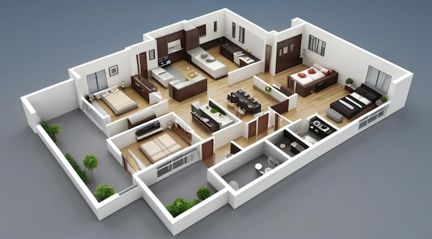 3D illustration floor plan of a house modern cozy house isolated on white background