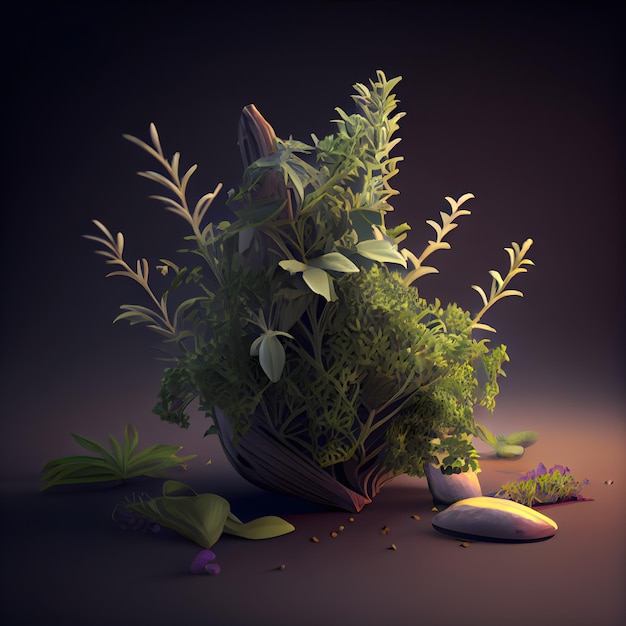 3d illustration of a florarium with plants and flowers