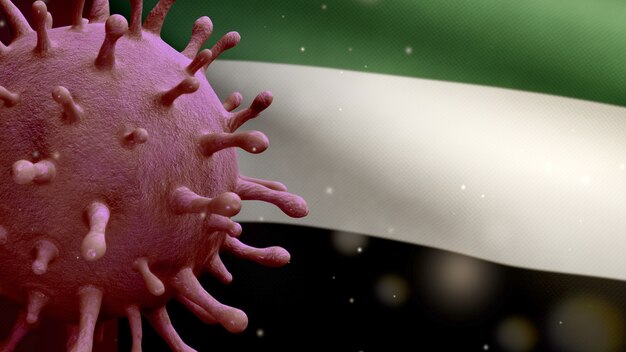 3D illustration Flu coronavirus floating over United Arab Emirates flag, pathogen attacks respiratory tract. UAE banner waving with pandemic Covid19 virus infection concept. Real fabric texture ensign