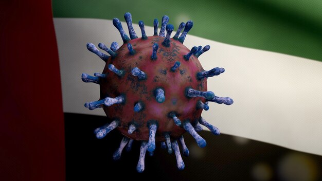 3D illustration Flu coronavirus floating over United Arab Emirates flag, pathogen attacks respiratory tract. UAE banner waving with pandemic Covid19 virus infection concept. Real fabric texture ensign