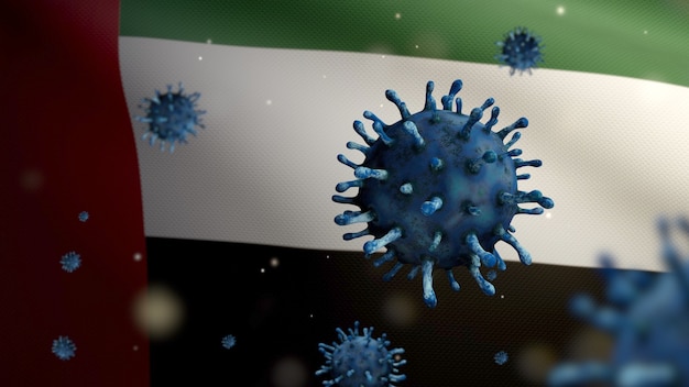 3D illustration Flu coronavirus floating over United Arab Emirates flag, pathogen attacks respiratory tract. UAE banner waving with pandemic Covid19 virus infection concept. Real fabric texture ensign