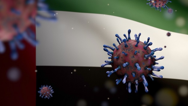 3D illustration Flu coronavirus floating over United Arab Emirates flag, pathogen attacks respiratory tract. UAE banner waving with pandemic Covid19 virus infection concept. Real fabric texture ensign