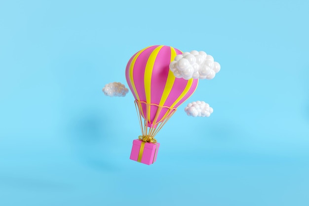 3d illustration flying gift box with hot air balloon and clouds