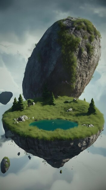 3d illustration of flying paradise rock floating island with green grass field isolated