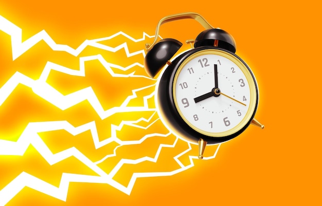 3d illustration of flying retro alarm clock with lightning trail