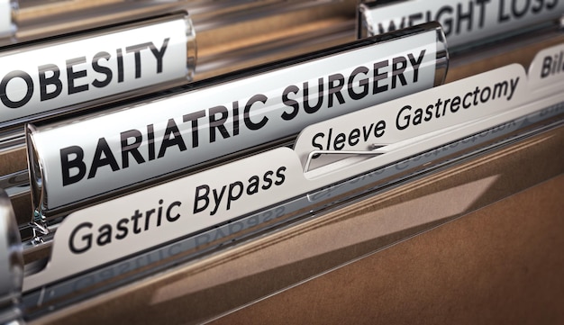 3D illustration of a folder with focus on a tabs with the texts bariatric surgery, gastric bypass and sleeve gastrectomy. Types of surgical operation used for obesity.