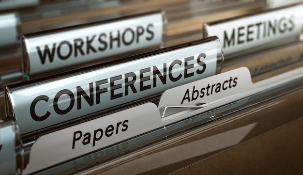 3D illustration of a folder with focus on the word conference. Concept of call for papers or abstracts