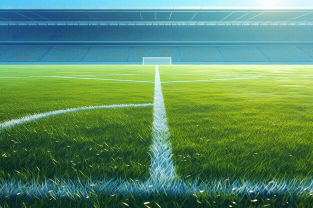 Photo 3d illustration of football pitch with detailed grass textures and line markings player s perspective view