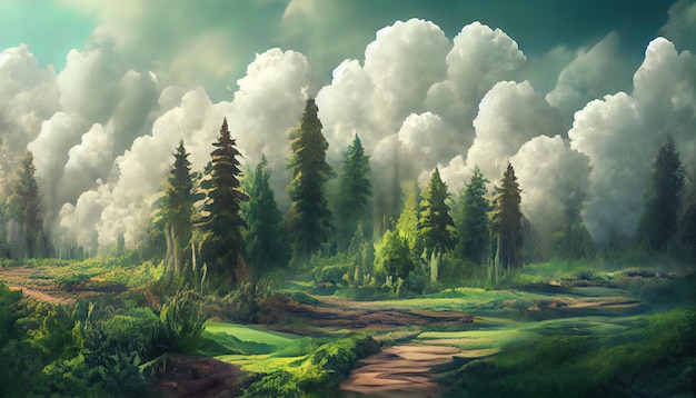 3D Illustration of forest landscape with a dense and cloudy atmosphere Generative Ai