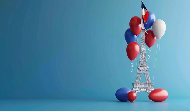 Photo 3d illustration of france national day french flag and eiffel tower with balloons on blue background for celebration french holiday concept