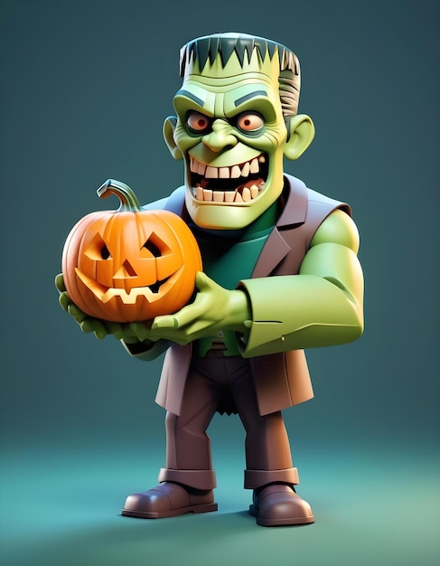 3d illustration of frankensteins monster holding a pumpkin