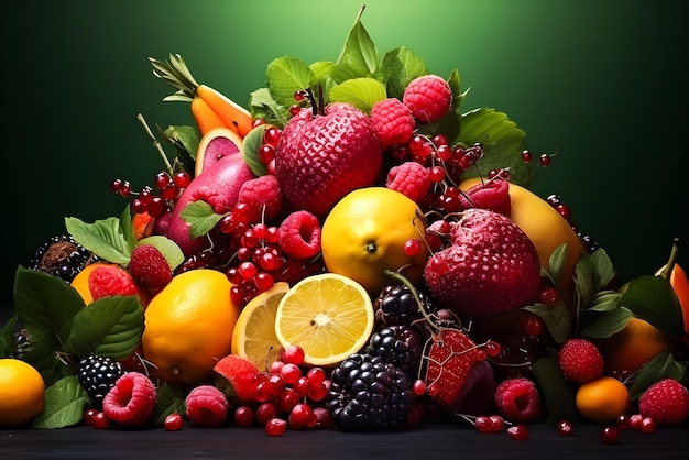 3D illustration Fresh fruitsAssorted fruits colorful background generated ai