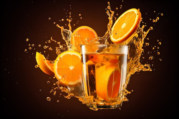 3D illustration fruit orange juice and pieces of oranges falling with splashes on a dark background generated ai