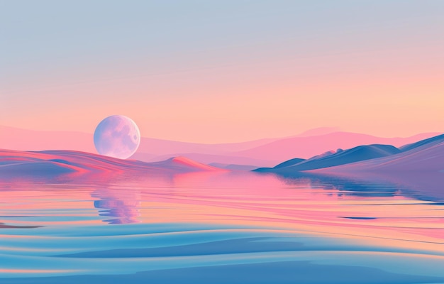 Photo 3d illustration of the full moon over the sea and mountains