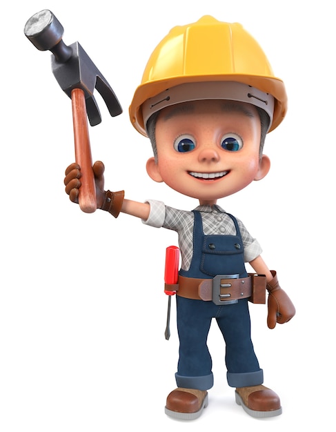 3D illustration funny boy in construction helmet and overalls