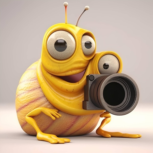 3D illustration of a funny cartoon snail with a camera in his hand