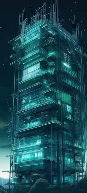 3d illustration of futuristic buildings with blue illumination Generative ai