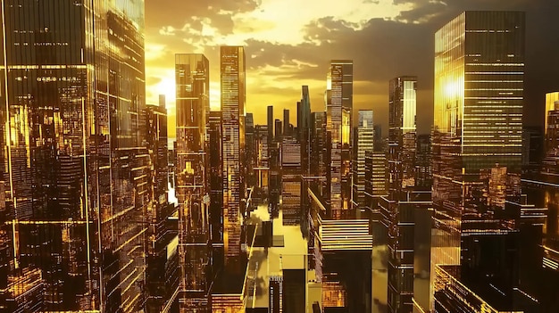 3D illustration of a futuristic city at sunset with skyscrapers