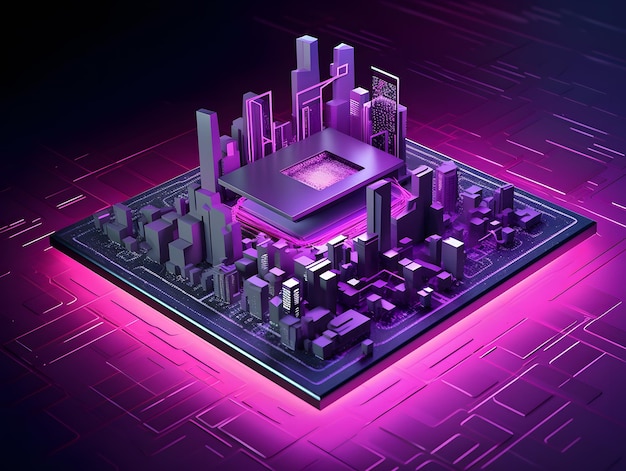 3d illustration of futuristic city with circuit chip board 3d rendering