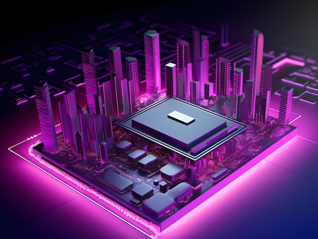 3d illustration of futuristic city with circuit chip board 3d rendering