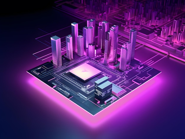 3d illustration of futuristic city with circuit chip board 3d rendering