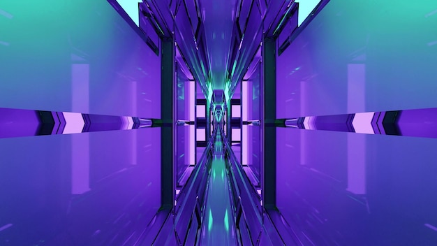 3D illustration of futuristic corridor with neon lights in 4K UHD