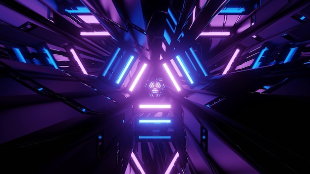 3D illustration of futuristic dark tunnel with abstract shiny geometric figures reflecting bright neon lights