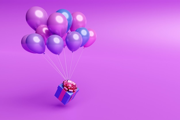 3d illustration gift in a beautiful purple packaging box a satin ribbon bow flies with the help of uplifting balloons on a purple background Festive paraphernalia gift set