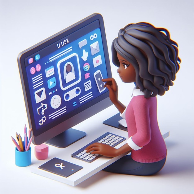 Photo 3d illustration of girl doing uiux design in computer