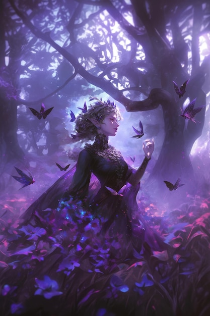 3d illustration of a girl in a fantasy forest with flying bats