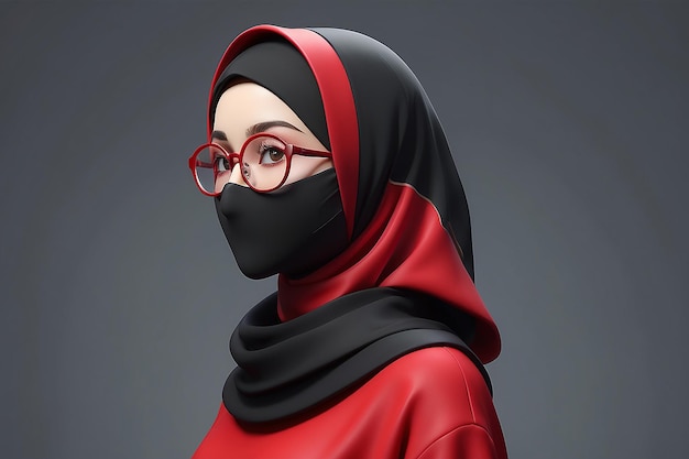 3D Illustration girl profile character wearing red clothes and black hijab and glasses