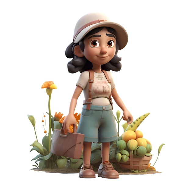 3D illustration of a girl with a flower basket and a hat