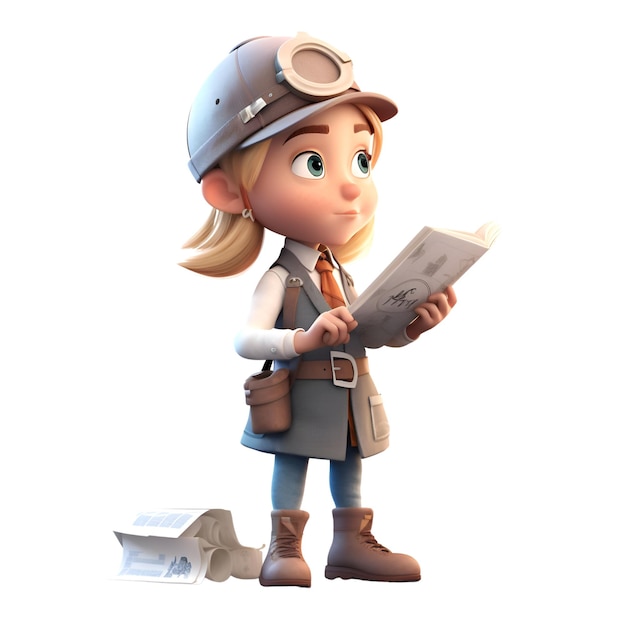 3D illustration of a girl with a helmet and a map