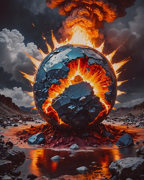 Photo 3d illustration of a global warming concept with a huge lava ball breaking through the ground