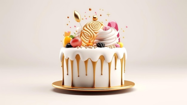 3d illustration of gold cute birthday cake, Sweet cake for a surprise birthday, for anniversary and celebration ,mother day, Valentine day, cake, cupcake, Generative AI illustration