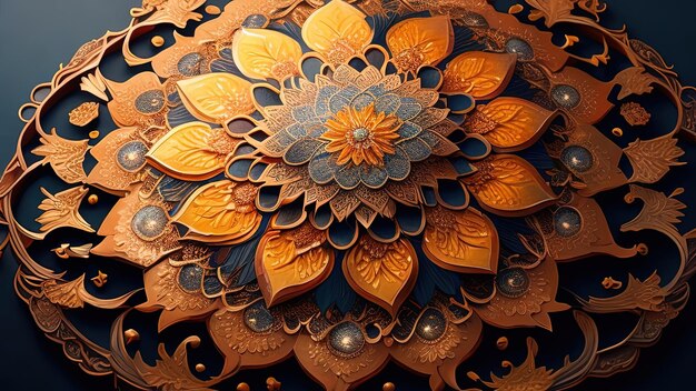 3d illustration of a golden mandala with floral ornaments