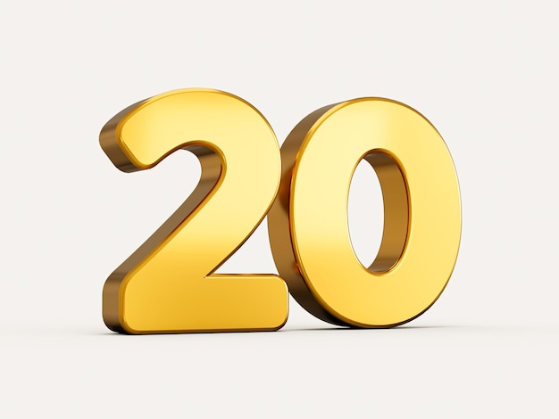 3d illustration of golden number 20 or twenty isolated on beige background with shadow